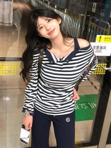 Korean Striped Fake Two-Piece One-Shoulder Long Sleeve Womens T-Shirt Casual Gentle Lazy Sweet Spicy Girl Top for Autumn
