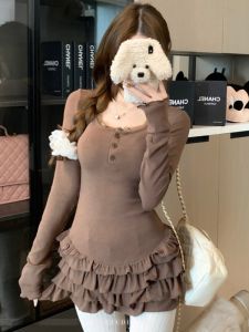 GUZILIAN | Ruffle Sleeve U-Neck Long Dress Lace Splicing A-Line Short Skirt Pure Desire Waist-Cinching Korean Style Winter Design Dress