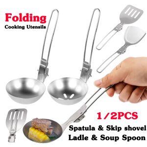 304 Stainless Steel Portable Kitchen Utensils Outdoor Picnic Camping Cooking Shovel Spatula Soup Spoon 6-piece Set Folding Tableware