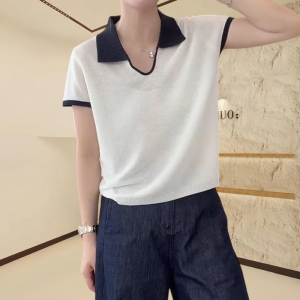 Shalldoer | Áo len dệt kim cổ chữ U màu khối phong cách Hàn Quốc tay ngắn mùa hè mỏng thoáng khí đa năng cho nữ Áo sơ mi thường ngày màu trơn