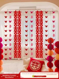 ETY | Wedding Room Decoration Curtain Set with Long Red Double Happiness Characters and Butterfly Decorations