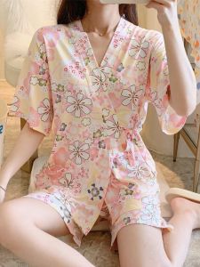 ชุดนอนผู้หญิงแขนสั้นผ้าฝ้ายบางลายดอกซากุระสไตล์ญี่ปุ่น ชุดนอนฤดูร้อน ชุดอยู่บ้าน ชุดนอนผู้หญิง ชุดนอนผ้าฝ้ายแท้ ชุดนอนสองชิ้น ชุดนอนสุดน่ารัก