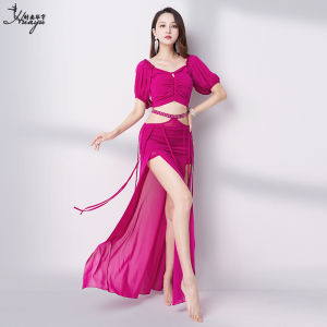 ชุดเต้นระบำหน้าท้องสำหรับผู้หญิงชุดออกกำลังกายผ้าโปร่งพิมพ์ลายหน้าจอสุดเซ็กซี่