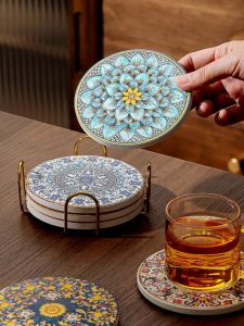 Anti-Slip Ceramic Tea Cup Mat Court Style Coffee Cup Mat Luxury Sensation Vintage Gongfu Tea Tray round Shape Restaurant Use