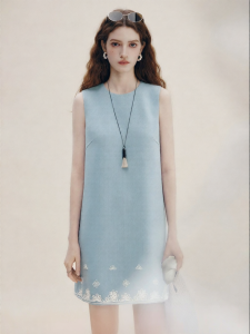FAMANXUAN | French Blue Bead Embroidery Acetate Sleeveless Dress
