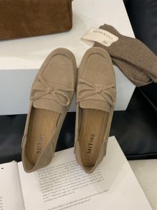 Retro Matte Leather Slip-On round Toe Flats Womens Spring Autumn New Flat Bottom Butterfly Knot Low Cut Single Shoes