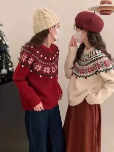 เสื้อสเวตเตอร์ถักนิตติ้งคอวีแบบสวมหัวสำหรับผู้หญิง สไตล์ย้อนยุค ลายดอกไม้ เดรสสั้นสีแดง เสื้อเชิ้ตถักหนาสำหรับฤดูใบไม้ร่วงและฤดูหนาว