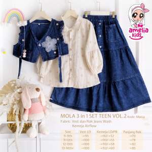 COD Setelan 3 In 1 Kemeja Vest Dan Rok Rempel Anak Usia 9 Sampai 14 Tahun Mola vol.2 Setelan Anak Terbaru By Amelia