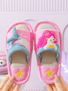 Girls Indoor Anti-slip Soft Bottom Linen Slippers Spring Autumn Summer Four Seasons Childrens Slippers Princess Style Embroidery