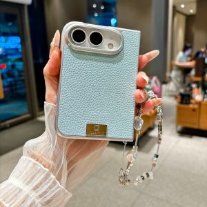 EOENKK | Luxury PU Leather Phone Case For iPhone Duo 18 duo Fold Shockproof Foldable Metal Nameplate Hard Cover with Lanyard Women Case