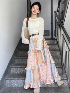 BUYUYAFAN | Early Autumn French Holiday Style Dopaamine Print Cake Skirt Hollow Out Top Bottoms Set High Waist A-Line Long Sleeve Spring Summer