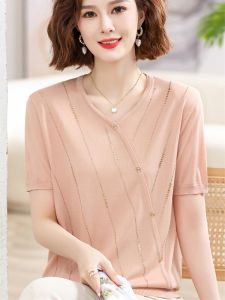 Young Mom Summer Fashion Pure Color Ice Silk Short Sleeve Thin Knitted T-Shirt Mid-aged Womens V-neck Loose Fit Casual Top