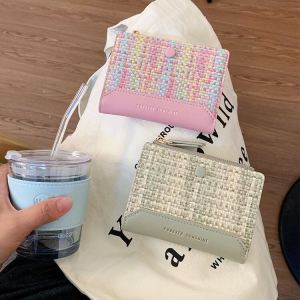 Color-Block Woven Short Wallet for Women Lightweight Slim Korean Style Student INS Small High-End Feeling Leather Clip Card Holder