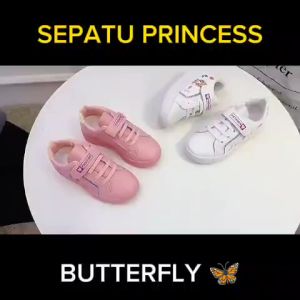 Sepatu Fashion Sekolah school Sneakers Sneaker Kets Anak Perempuan Cewe Cewek Wanita Paud Tk Sd Umur Usia 3 4 5 6 7 8 Tahun Putih Pink Princess Kupu Kupu Butterfly Soll Karet Empuk Ringan Anti Slip Motif Gambar Cantik Lucu Terbaru Premium Quality No Slip
