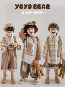 Bear Print Shirt And Trousers Set for Boys Spring Autumn Plaid Cotton Blend Clothing round Neck Long Sleeve Loose Fit Kids Outfits