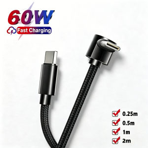 60W Nylon Braided 90° Elbow Type C Cable USB C To Type C PD Fast Charger Cable For iPhone Samsung Huawei Xiaomi 0.25/0.5/1/2M
