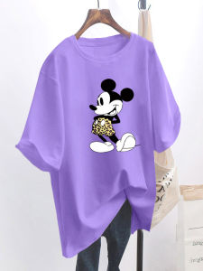 Cartoon Mickey Purple Short Sleeve T-Shirt Womens plus Size Mid-Length Couples Fashion Trendy round Neck Polyester Blend