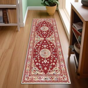 VIKAMA Red Ba Tư Runner Rug Oriental Medallion Chống Trơn Trượt Thảm Hành Lang Dài Kem Hoa Có Thể Giặt Được Thảm Mềm Để Trang Trí Nhà Bếp