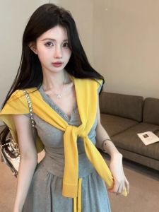 GUZILIAN | Summer New Yellow Shoulder High Waist Drawstring Top And Skirt Set Korean Style Slim Fit Short Sleeve Fashionable Anti-Aging Two-Piece Set
