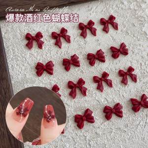 ฤดูใบไม้ร่วง ฤดูหนาว ใหม่สีแดงไวน์เข้ม โบว์ เน็คไทผีเสื้อปมเล็บเรซิ่นตกแต่งเล็บด้านล่างแบน หวาน อุปกรณ์ตกแต่งเล็บสไตล์เย็น