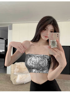 เสื้อกล้ามสายเดี่ยวสั้นประดับเลื่อมสำหรับผู้หญิง Pure Desire Style ช่วงหลังเซ็กซี่ เสื้อคลุมกางเกงขาสั้นเอวสูง ฤดูร้อน 2023