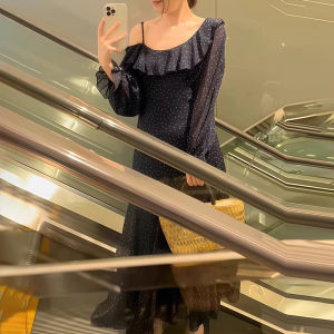 Shalldoer | French Polka Dot Ruffle Sleeveless Summer Dress Womens Floral Print Asymmetrical Hemline Casual Style Polyester Fabric Gown