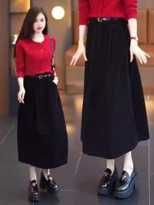 Retro Chiffon A-Line Skirt High Waist Slimming Loose Midi Length Hip Covering Womens Fashion Commute Style Thickened Velvet Lining