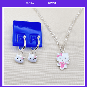 FLORA 0257M - Set bạc dây chuyền bông tai hình mèo Hello Kitty màu hồng trắng dành cho bé gái