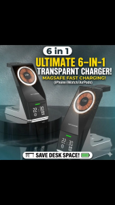 [SG Stock] 6-in-1 Magnetic Wireless Charger Stand | 15W Fast Charging Station for iPhone 13/12 Apple Watch & AirPods Pro | Built-in Digital Alarm Clock | Transparent MagSafe Design