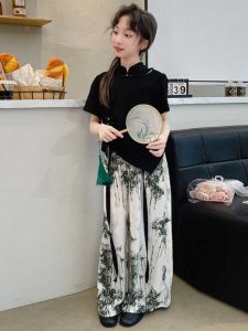 Girls New Chinese Style Short Sleeve Shirt And Pants Set Design Sense Ink Painting Summer Collection Two-Piece Suit for Kids
