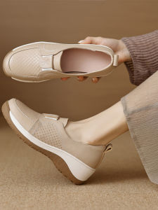 Elegant French Style Deep Mouth Flat Heels Womens Shoes Spring Autumn round Head Medium Heel Plain Bottom Genuine Leather Thick Heel