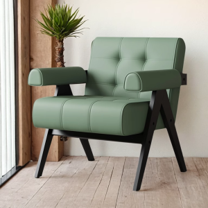 Scandinavian Style Single Person Leather Sofa Chair Simple Craft Wooden Relaxation Seat for Living Room and Bedroom Backrest