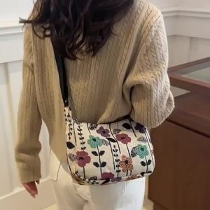 Vintage Fashion Winter New Women Lady Bag Versatile Literary Prints Cloth Crescent Pack Texture Temperament Crossbody Shoulder