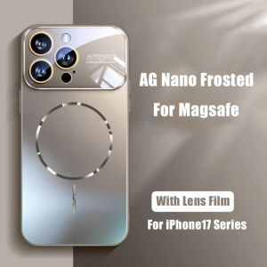 Plating Nano Frosted Large Lens Glass Protect Case For iPhone 17 16 15 14 Pro Max For Magsafe Magnetic Wireless Charge Cover