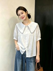 Slimming Peter Pan Collar Short Sleeve Shirt for Curvy Women