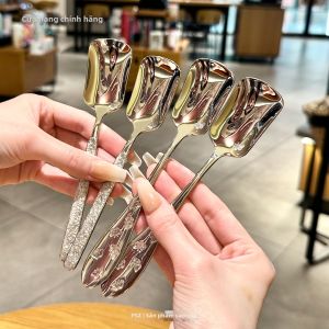 PINSHANGZUO | Square Headed 304 Stainless Steel Floral Patterned Soup Spoon