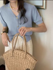 Summer Fashion Slimming Ice Silk Knitted Short Sleeve Top Womens Versatile Design V-Neck Button-Up Korean Style Pure Color