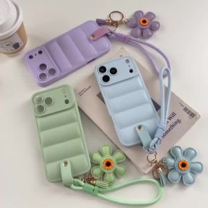 Luxury for iPhone 17 Air 16 15 14 Plus 13 12 Pro Max 11Pro 17 PU Leather 3D Down Jacket Phone Case Sunflower Wrist Lanyard Cover