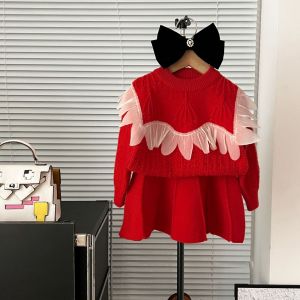 Bear Leader Kid Girl Pullover and Skirt Sets Winter Sweater Petal Lace Long Sleeve Top and Kintting Skirt 2Pieces Clothes Suit for Baby Children Christmas Wear 2-6 Years