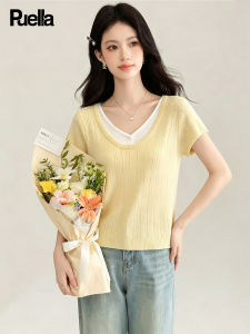 puella | Color Block Splicing Elegant Womens Knit T-Shirt
