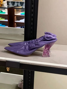 รองเท้าส้นสูง PU หัวเหลี่ยมสีม่วง ด้านในหนังแท้ ทรงหัวเหลี่ยม ทรงหัวมน ทรงหัวมน สไตล์วินเทจ รองเท้าส้นเดี่ยวสำหรับผู้หญิง