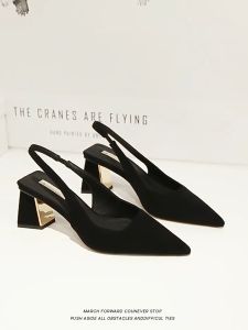 Temperament pointed toe shallow mouth thick heel one strap back hollow French simple high-heeled sandals