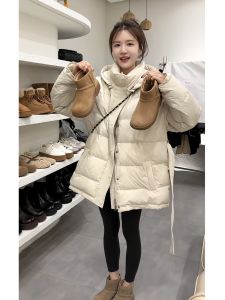 Womens Quilted Jacket Hooded Design Waist-Cinching down Coat Winter Warm Outerwear Long Sleeve Commute Style White Duck Feather