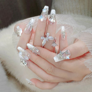 【With Glue】Ready Stock Female Mid-length Fake Nail Crystal butterfly Artificial Nail for Women and Girl Party Activity