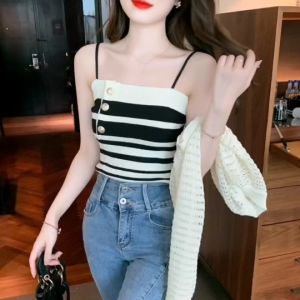 MQzz4289 พร้อมส่ง เสื้อสายเดี่ยวแบบใหม่ เสื้อครอป ลายทางยอดฮิต Free Size