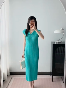 KESHANGYI Women Miyake Style Pleated Polo Collar Dress Summer Slim Fit Midi Long Dress Wrinkle Elegant Ladies Casual Dress