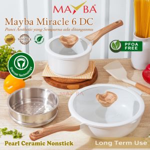 MAYBA Miracle 6 Pcs Bonus Steamer READY STOK Panci Set Bayi Keluarga Pearl Ceramic Germany Anti Lengket ( Wok Pan + Milk Pan + Tutup Kaca And Spatula Silikon)