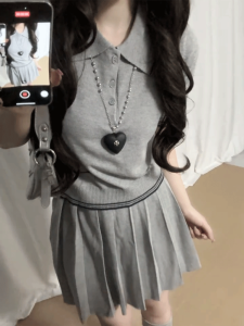 Gray Polo Neck Knitted Shirt Womens Summer New Style Korean Small Size Short Sleeve T-Shirt Top Slimming Effect Quality