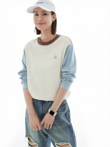 Retro Color Block Slimming Long Sleeve Casual T-Shirt
