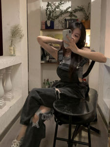 Retro Japanese Style Distressed Denim Overalls Womens Summer New Loose Slimming Versatile Casual Wide Leg Pants Trendy